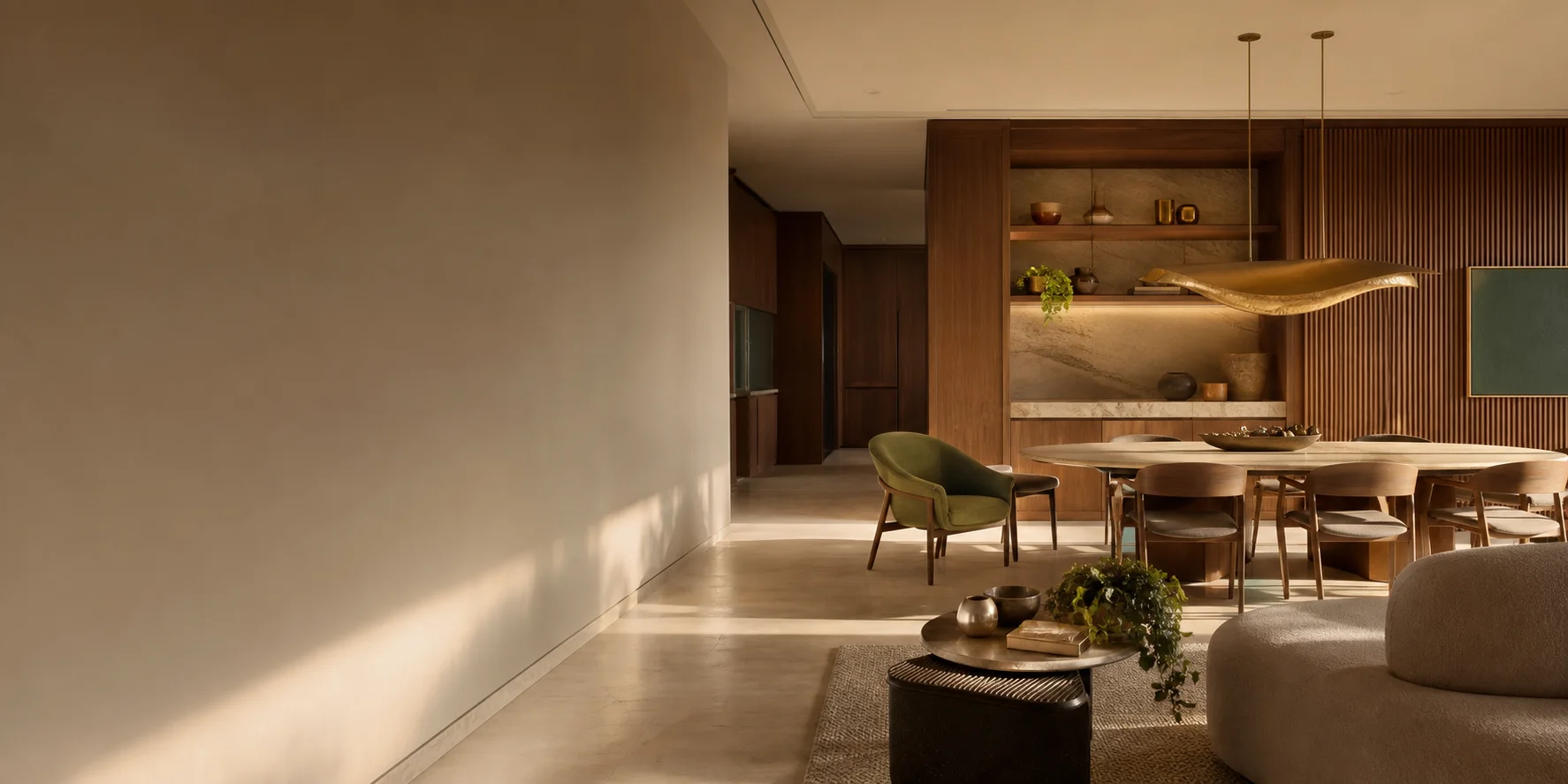 Ambiente residencial conceitual com marcenaria em madeira, mesa de jantar e iluminação suave.